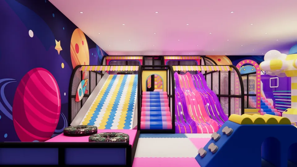 Visual perosotan multi-lane pink, jalur tanjakan, dan tangga softplay